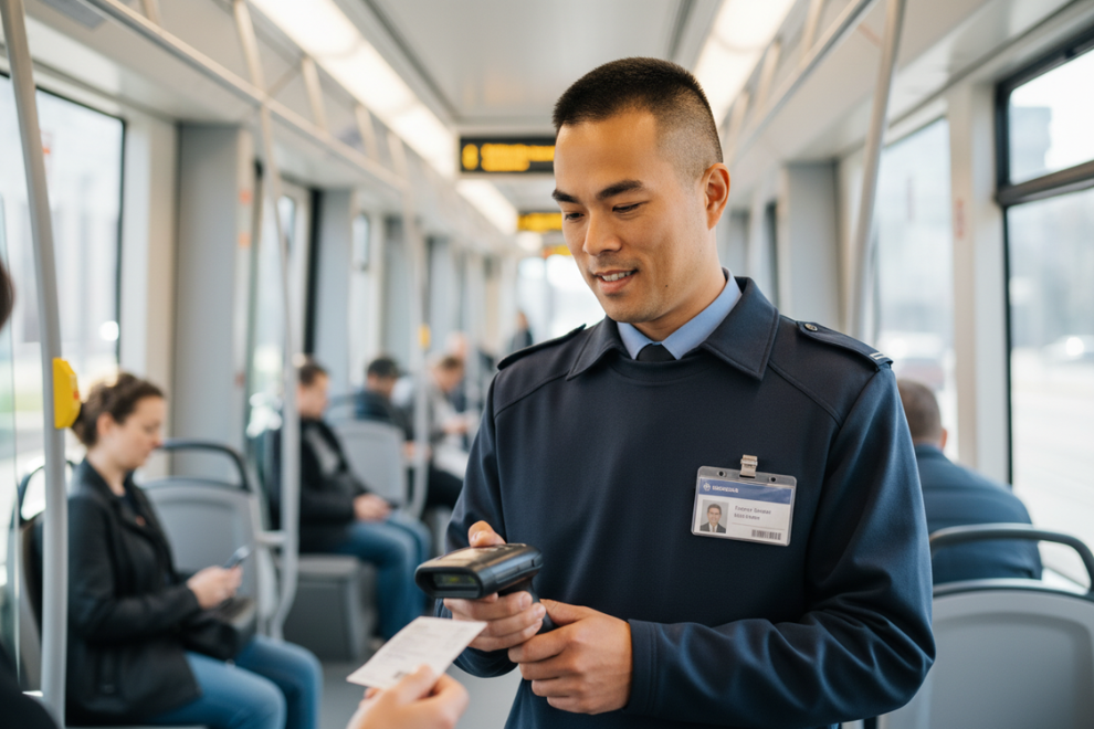Sicherheitsmitarbeiter im Fahrausweisprüfdienst kontrolliert Ticket im ÖPNV in Frankfurt am Main