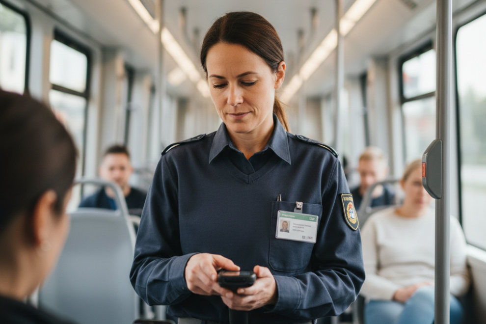 Sicherheitsmitarbeiterin kontrolliert Fahrausweis im öffentlichen Nahverkehr in Frankfurt am Main