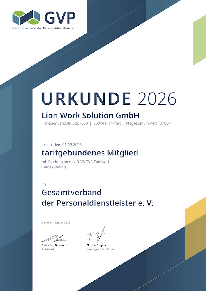 GVP Urkunde Lion Work Solution 2026