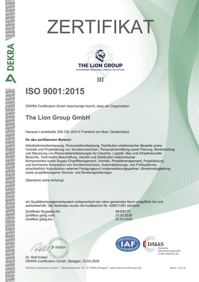 Offizielles DEKRA Zertifikat ISO 9001:2015 der Lion Work Solution für Qualitätsmanagement